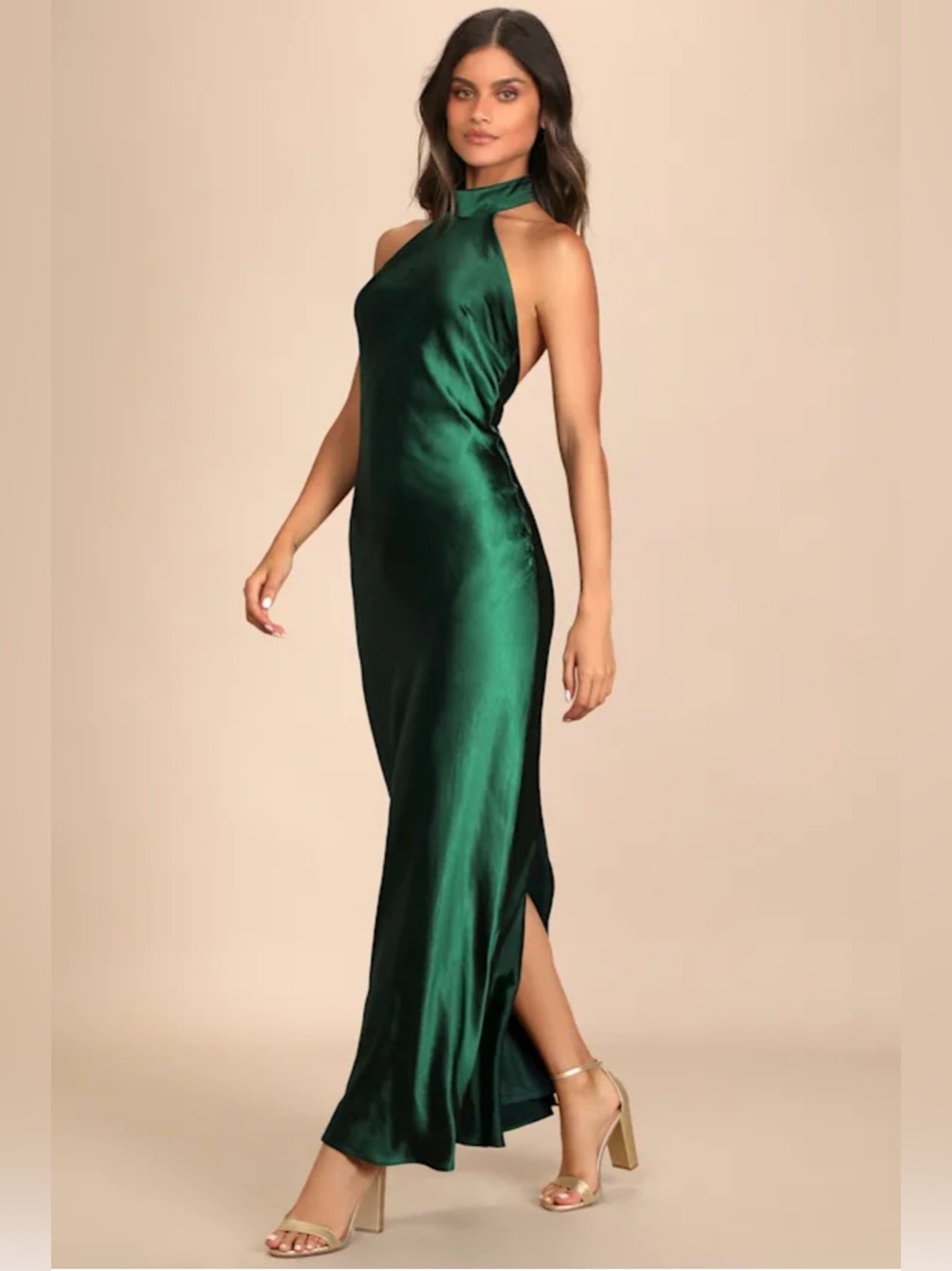 NWT Lulus Emerald Halter Satin Open Back Maxi Dress with Back Slit Small